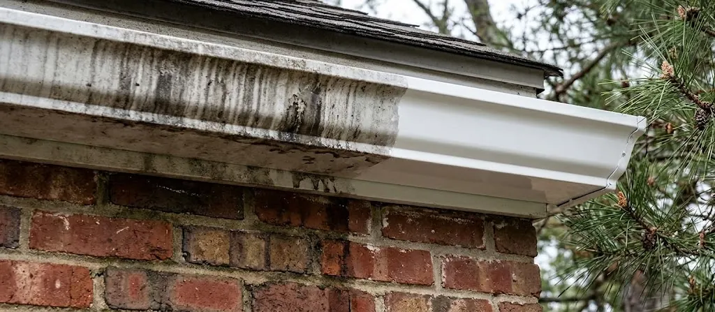 White gutter on a brick home, half cleaned of tiger stripe streaks