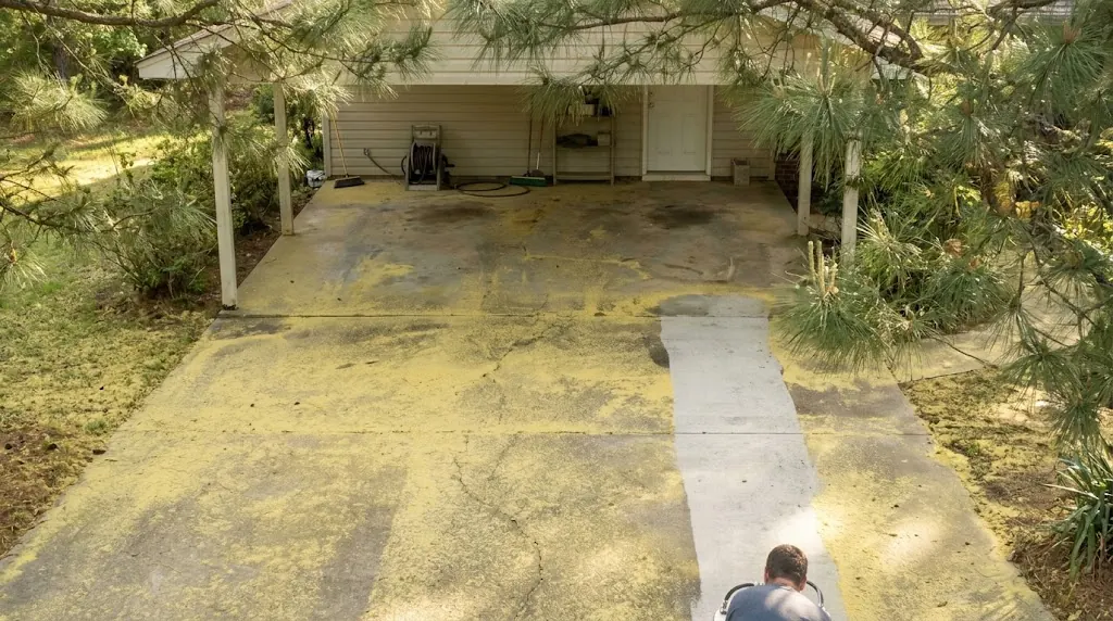 Yellow spring pine pollen on a driveway, half cleaned