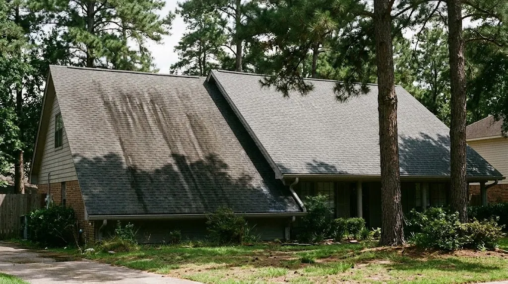 Black algae streaks on a shingle roof under Wiregrass pines
